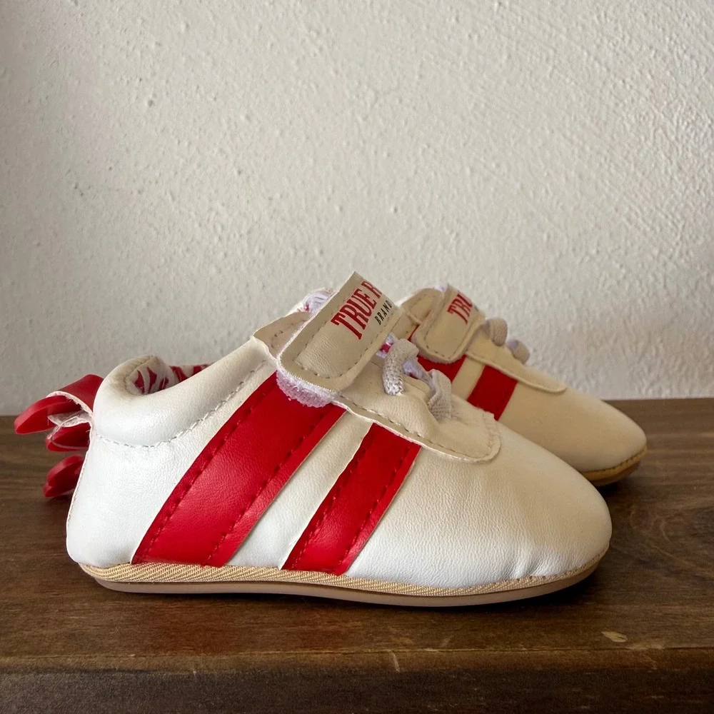 True Religion Baby Soft Sole Crib Shoes Size 2 White Red Hook & Loop NWT